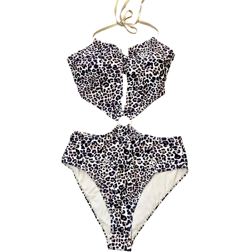 Tahari‎ Leopard Print Cutout Keyhole One Piece Swimsuit Women' XL Brown/Blk NWT - Picture 4 of 12